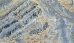 Blue Ocean Onyx natural slab with translucent blue crystals, ivory formations and golden mineral veins from Iran.