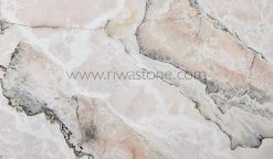 Natural Pink Onyx slab featuring soft blush pink, ivory crystalline formations and subtle grey mineral veins from Iran.