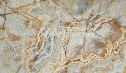 Sunset Onyx natural slab featuring translucent grey-green crystals with warm golden mineral veins from Iran.